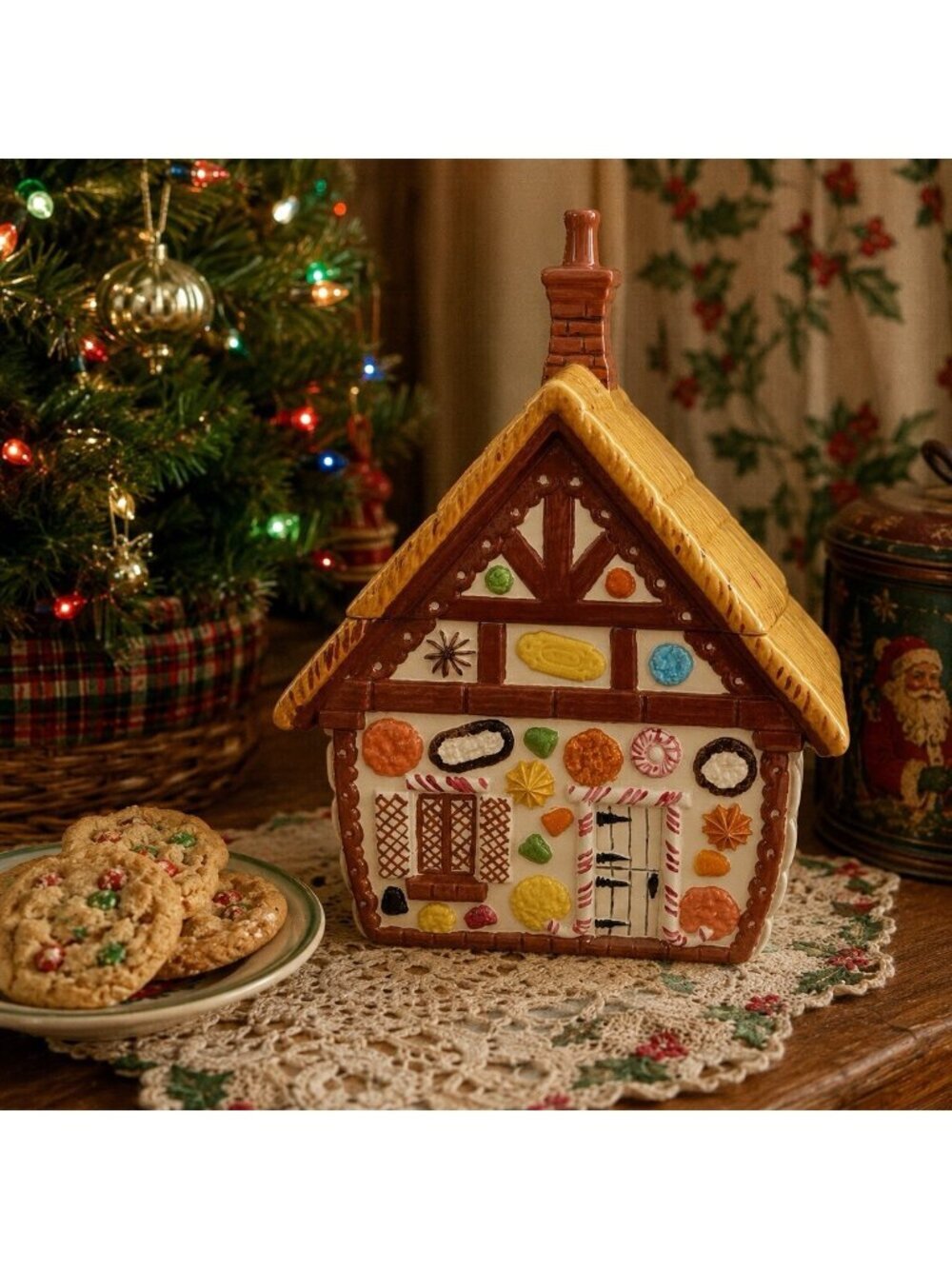 Vintage 1970s Christmas Gingerbread House Cookie Jar Large Ceramic Handpainted